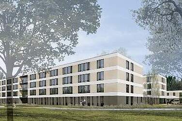 Ansicht des Neubaus KRH Klinikum Großburgwedel aus Richtung Südosten (Entwurf und Visualisierung: STEFAN LUDES ARCHITEKTEN GMBH)