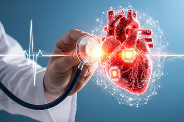 animiertes Bild von einem Herz, welches von einem Arzt untersucht wird