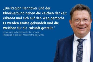 "Die Region Hannover und der Klinikverbund haben die Zeichen der Zeit erkannt und sich auf den Weg gemacht. Es werden Kräfte gebündelt und die Weichen für die Zukunft gestellt" steht in weißer Schrift auf blauem Hintergrund. Daneben Der Landesgesundheitsminister
