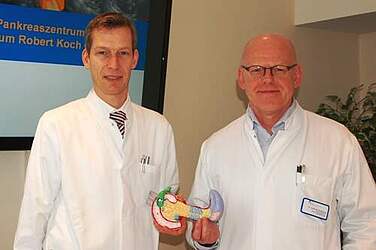 PD Dr. Jochen Wedemeyer und Dr. Martin Memming (v. l.) mit dem Modell einer Bauchspeicheldrüse