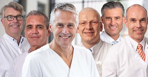 Die Fachgruppe Orthopädie und Unfallchirurgie im KRH Klinikum Hannover: (v. l.) Dr. Thomas Berndt, Leitender Arzt der Klinik für Orthopädie, Unfallchirurgie und Sportmedizin im KRH Klinikum Klinikum Agnes Karll Laatzen, Prof. Oliver Rühmann, Chefarzt der Klinik für Orthopädie, Unfallchirurgie und Sportmedizin im KRH Klinikum Klinikum Agnes Karll Laatzen, Sprecher PD Dr. Marc Schult, Chefarzt der Klinik für Unfallchirurgie, Handchirurgie und Orthopädie im KRH Klinikum Nordstadt, Dr. med. Achim Elsen, Chefarzt der Klinik Orthopädie und Unfallchirurgie im KRH Klinikum Robert Koch Gehrden, Priv.-Doz. Dr. Martin Panzica, Chefarzt der Klinik für Orthopädie und Unfallchirurgie KRH Klinikum Neustadt und Prof. Reinhard Fremerey, Chefarzt der Klinik für Orthopädie und Unfallchirurgie im KRH Klinikum Lehrte