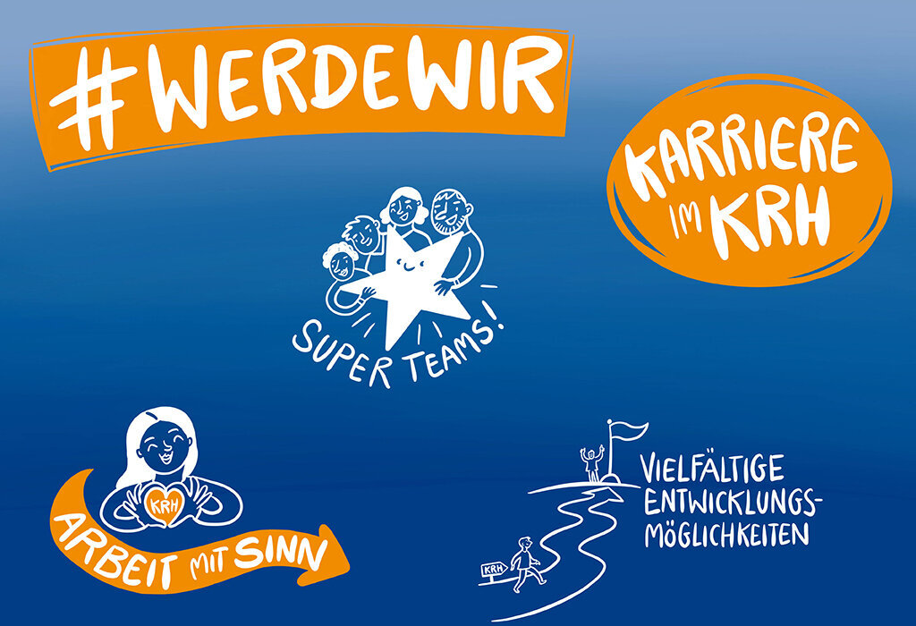 Blauer Hintergrund mit dem Hashtag "Werde Wir" und Karriere im KRH. Außerdem sind noch 3 Grafiken zu "Super Teams", "Arbeit mit Sinn" und vielfältige Entwicklungsmöglichkeiten. 