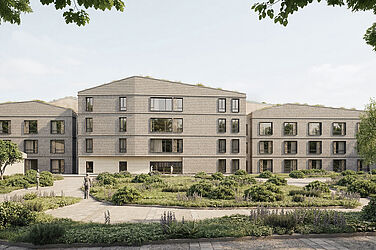 Nachhaltiger Hingucker in Holzhybridbauweise: So soll der Neubau auf dem Gelände der KRH Psychiatrie nach der Fertigstellung aussehen (Visualisierung: sander.hofrichter architekten GmbH | Gesellschaft für Architektur und Generalplanung, Wredestraße 35, 67059 Ludwigshafen)