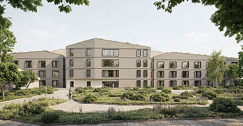 Nachhaltiger Hingucker in Holzhybridbauweise: So soll der Neubau auf dem Gelände der KRH Psychiatrie nach der Fertigstellung aussehen (Visualisierung: sander.hofrichter architekten GmbH | Gesellschaft für Architektur und Generalplanung, Wredestraße 35, 67059 Ludwigshafen)