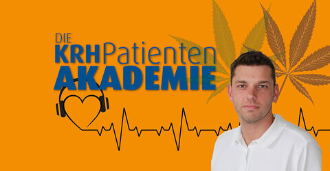 Fotomontage: Dr. Emanuel Strüber steht vor dem "Die KRH Patientenakademie" Logo. Im Hintergrund sind Hanfblätter